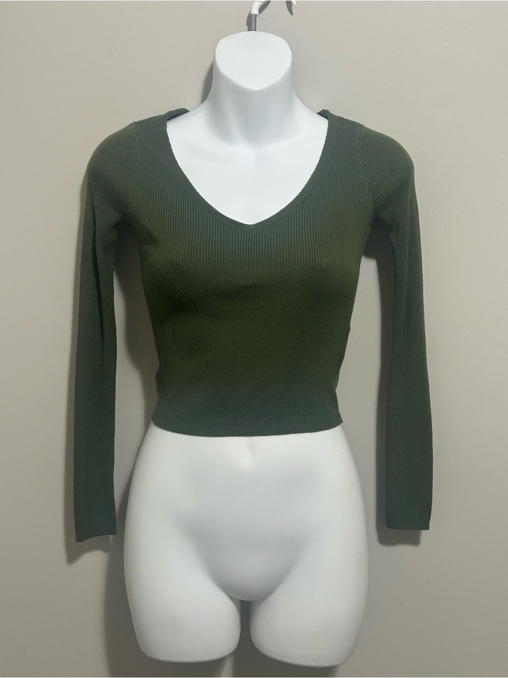 Divided Olive Green Ribbed V-Neck Long Sleeve Top